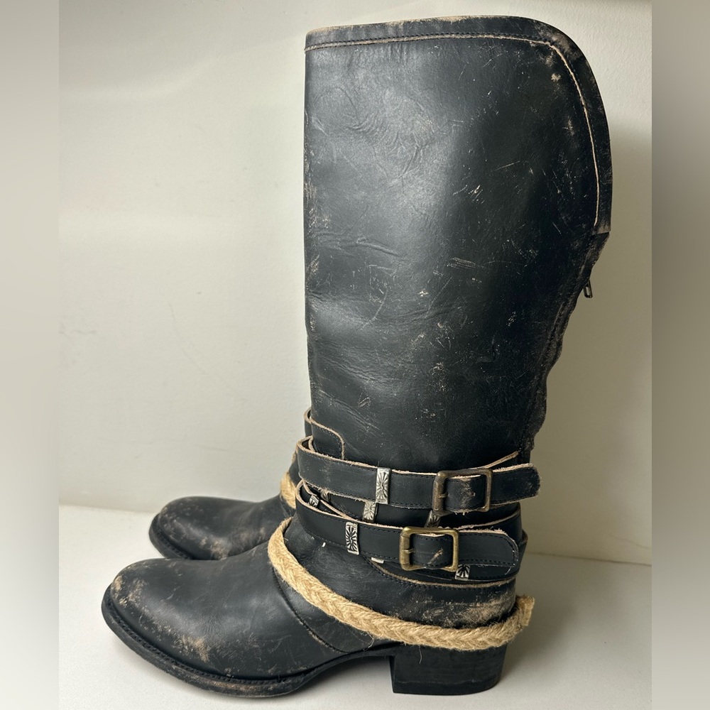 Freebird by Steven DROVE Boots BLACK Distressed Leather Harness Boho Western 9